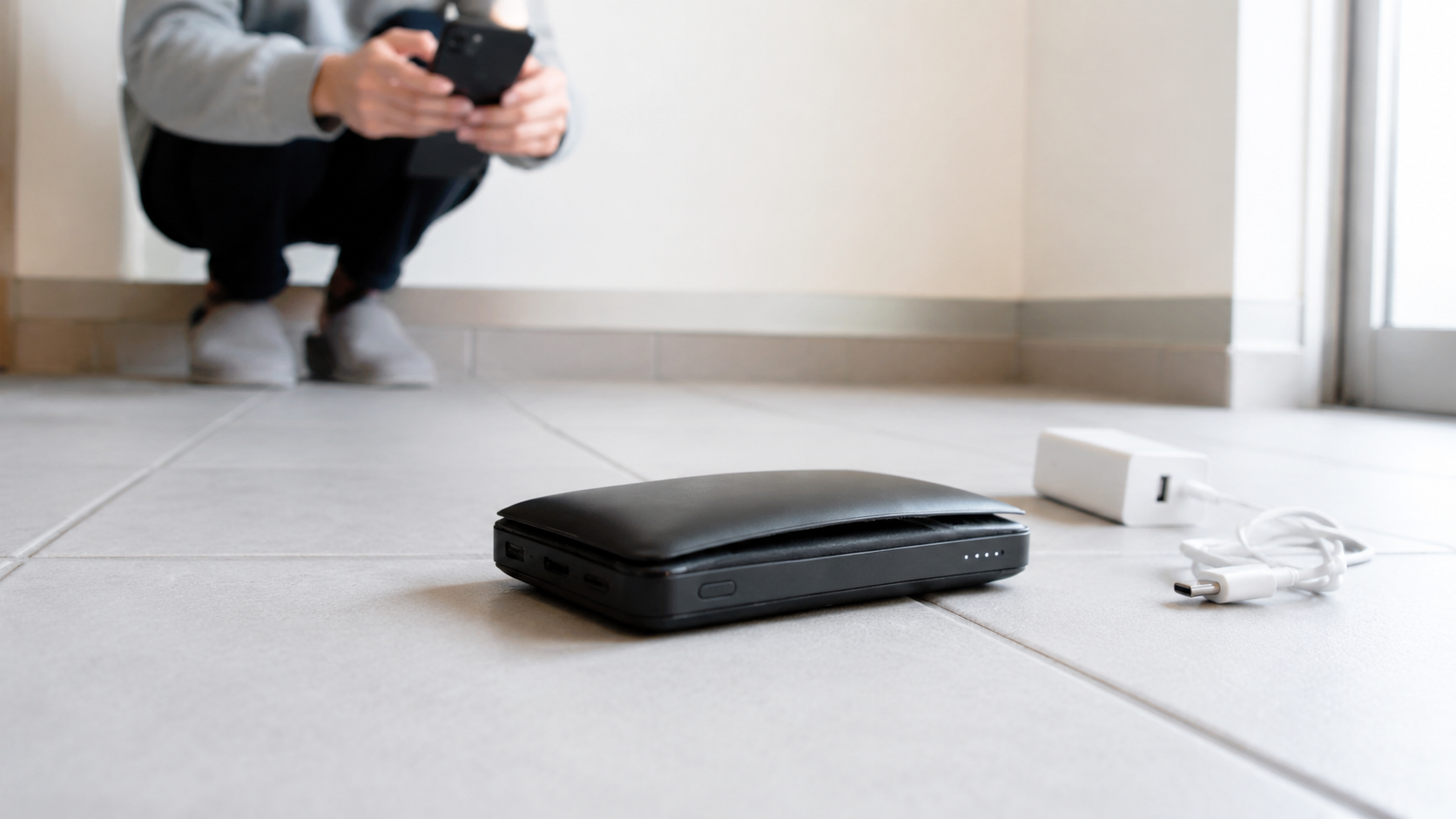 膨張したモバイルバッテリーへ触れず離れた場所から状態を記録する様子