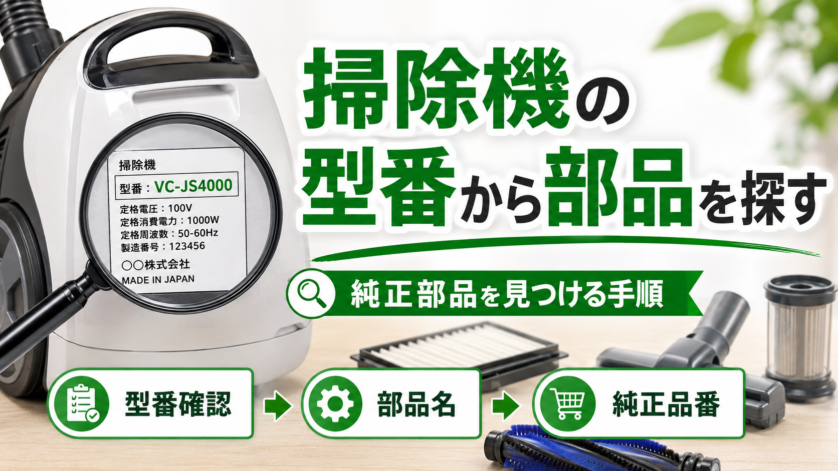 掃除機本体の型番から純正部品名と部品番号を探す手順を示した記事画像