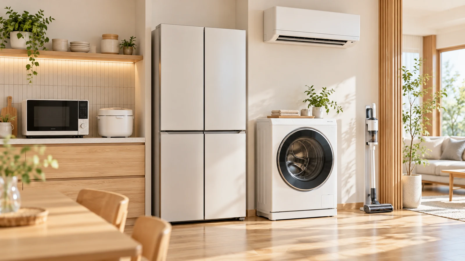 明るい室内に冷蔵庫、洗濯機、エアコン、電子レンジ、炊飯器、掃除機が並ぶ様子