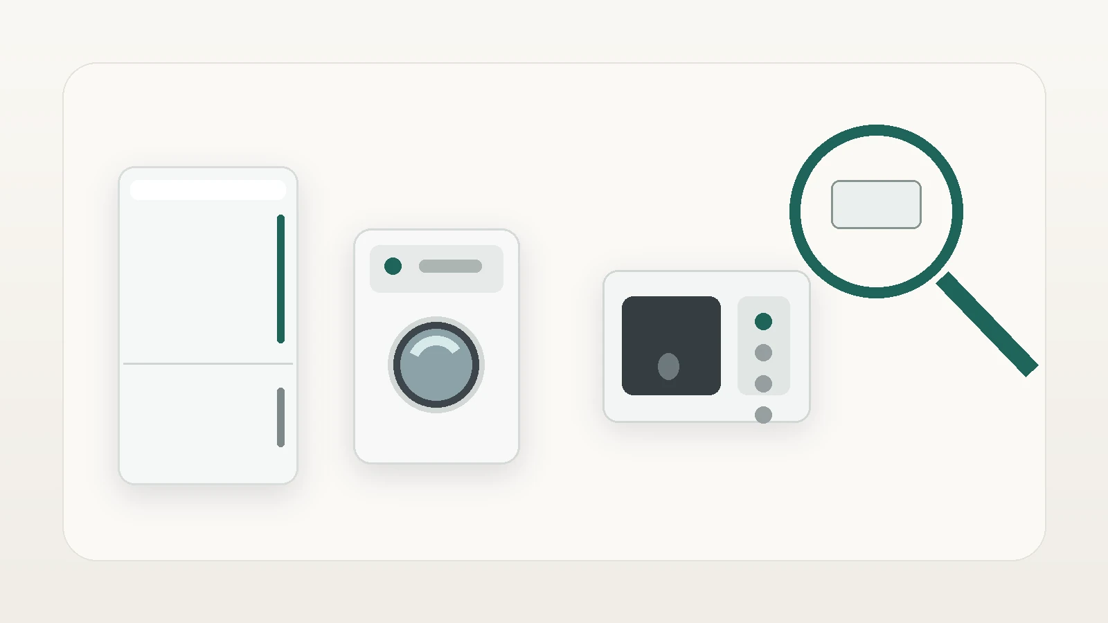 冷蔵庫、洗濯機、電子レンジと本体型番の確認を表すイメージ